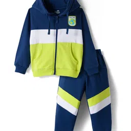 Doodle Poodle 100% Cotton Looper Terry Knit Full Sleeves Colorblock Hooded T-Shirt & Joggers Set - Navy Blue & Neon Green-image-0