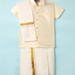 Dapper Dudes Half Sleeves Textured Shirt With Mundu Lungi & Foil Striped Angavastram Set - Fawn-picture-8