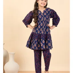 StyloBug Cotton Woven Three Fourth Puffed Sleeves Floral Printed Kurti Pant Set - Blue-picture-18