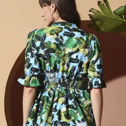 ZWERLON Women Abstract Printed V-Neck Bell Sleeves Smocked Peplum Regular Top image 4