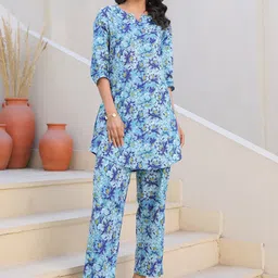 Janasya Women's Blue Pure Cotton Floral Printed Straight Co-Ord Set-picture-22