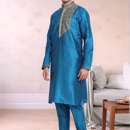 Moda Rapido Floral Yoke Design Mandarin Collar Thread Work Art Silk Kurta With Pyjamas image 4