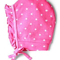 Babyhug 100% Cotton Knit Floral & Polka Dot Printed Caps Pack of 2 Navy Blue & Pink - Diameter 10.5 cm image 3