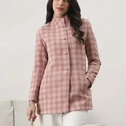 Globus Women Pink Mock Collar Long Sleeves Self Checkered 2 Pockets Hip Length Winterwear Overcoat-picture-11
