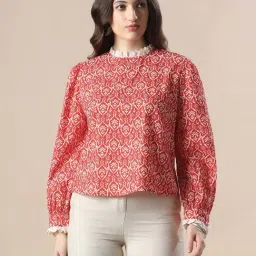Globus Women Red All Over Floral Print Bishop Sleeves High Neck Lace Detail Party Top-image-81