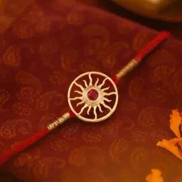 Ornate Jewels 925 Silver 18K Gold Plated Red Ruby Sun Thread Rakhi for Brother with Roli Chawal-image-46