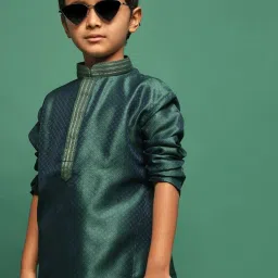 Sanwara Kids Deep Green Embroidered Kurta With Pants Set image 5