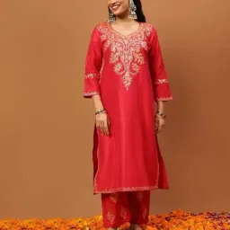 House Of Chikankari Red Art Silk Regular Fit Kurta Set-picture-28
