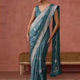 Soch Turquoise Blue Embroidered Saree With Unstitched Blouse-image-77