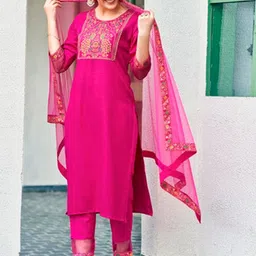 Twika Floral Yoke Design Gotta Patti Details Straight Kurta With Trousers & Dupatta image 3