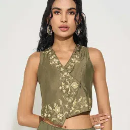 Akkriti By Pantaloons Green Olive Regular Fit Embroidered Top-image-94