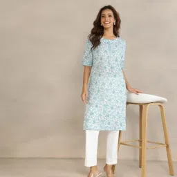 Fabindia White Cotton Printed Regular Fit Kurta image 5