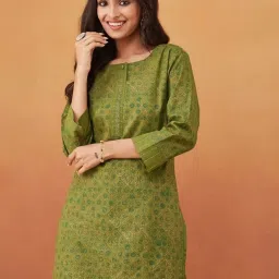 Fabindia Green Cotton Slim Fit Block Printed Long Kurta image 5