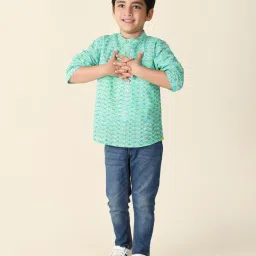 Fabindia Kids Green Printed Full Sleeves Short Kurta image 5