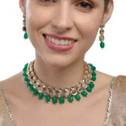 Zaveri Pearls Mesmerising Kundan & Dangling Green Beads Choker Necklace & Earring Set-ZPFK9498-picture-12