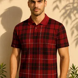 SZN Men Maroon & Black Checked Polo Collar T-shirt-picture-40