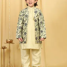 AJ Dezines Kids Light Yellow & Black Embroidered Full Sleeves Kurta, Pyjamas with Jacket-picture-22
