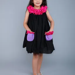 Pink Chick Girls Colourblocked Ruffles Round Neck A-Line Dress With Matching Clip-image-86