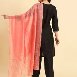 HERE&NOW Floral Embroidered Regular Cotton Silk Straight Kurta with Trousers & Dupatta image 4