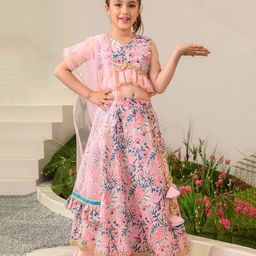 Pspeaches Sleeveless Floral Motif Printed Frilled Detailed Lehenga Choli With Dupatta - Pink-picture-3