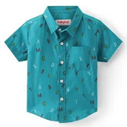 Babyhug 100% Cotton Woven Half Sleeves Regular Collar Alphabet Print Shirt- Green-picture-23