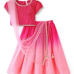 Babyhug Woven Half Sleeves Ombre Choli Lehenga & Dupatta Set with Embellishments - Pink-picture-19