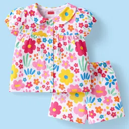 Babyhug Cotton Knit Half Sleeves Front Open Shorts Night Suit With Floral Print & Peter Pan Collar - White-picture-13