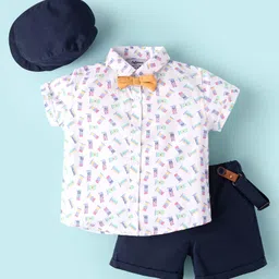 ToffyHouse Cotton Woven Half Sleeves Flags Printed Shirt & Shorts With Bow Suspender & Hat - White & Navy Blue-image-20