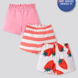 Bonfino 100% Cotton Knit Above Knee Length Shorts With Stripes and Fruit Print Pack of 3 - White & Pink-picture-23