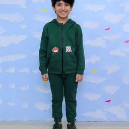 The Mom Store Cotton Full Sleeves Animals Printed Hoodie & Joggers Set - Green-picture-19