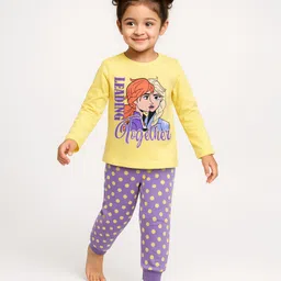 Babyhug Disney Single Jersey Knit Full Sleeves Night Suit With Frozen Elsa & Anna Graphic - Purple & Yellow-picture-13