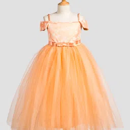 Toy Balloon Kids Net Woven Cold Shoulder Leaves Embroidered Gown - Peach-picture-20