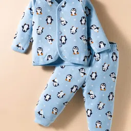 Little Darlings Fleece Knit Full Sleeves Winter Wear Night Suit With Animal Print - Light Blue-picture-29