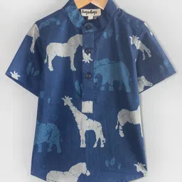 Hugsntugs Cotton Woven Half Sleeves Animals Printed Shirt - Navy Blue image 1