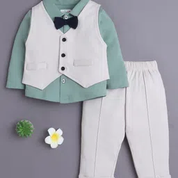 BUMZEE Cotton Knit Full Sleeves Solid Color 3 Piece Party Suit With Bow Attached - Beige & Green-picture-15