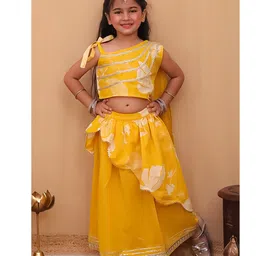 AJ Dezines Cotton Woven Sleeveless Floral Printed With Gota Lace Embellished Lehenga Choli With Attached Dupatta - Yellow-picture-35