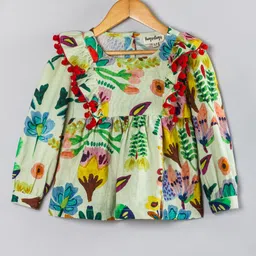 Hugsntugs Cotton Woven Full Sleeves Floral Printed Pom Pom Embellished Top - Multi Colour-picture-34