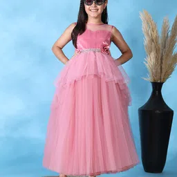 Toy Balloon Kids Net Woven Sleeveless Beads Embellished Floral Applique Detailed Gown - Pink-image-82