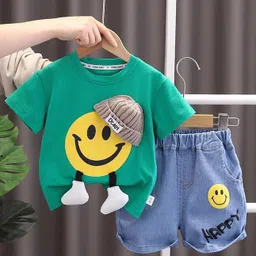 POP STREET KIDS Cotton Knit Half Sleeves Smiley Face Printed Tee With Shorts Set - Green-picture-23