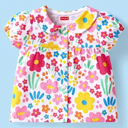 Babyhug Cotton Knit Half Sleeves Front Open Shorts Night Suit With Floral Print & Peter Pan Collar - White image 2