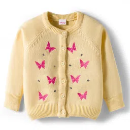 Babyhug Knitted Full Raglan Sleeves Front Open Sweater With Butterfly Design - Light Yellow image 2