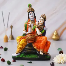 eCraftIndia Multicolor Radha Krishna Idol Sitting on Rock Playing Flute and Holding Matki-picture-25