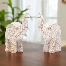 Golden Peacock White & Gold Textured Polyresin Elephant Showpiece (Pack of 2)-picture-23
