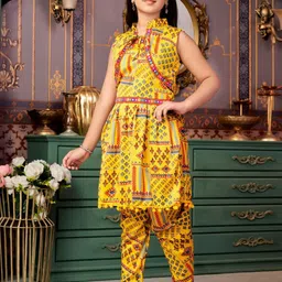 Muhuratam Girls Ethnic Wear Yellow Colour Abstract Print Crepe Kurti Patiala Set With Jacket-picture-10