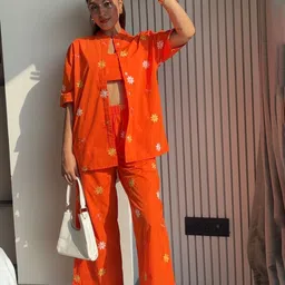 House of Sal Tangerine Embroidered V-Neck Top & Trouser With Jacket Co-Ords image 3