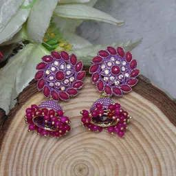 MEIRA JEWELLERY Artificial Stones Studded & Beaded Dome Shaped Jhumkas-picture-20