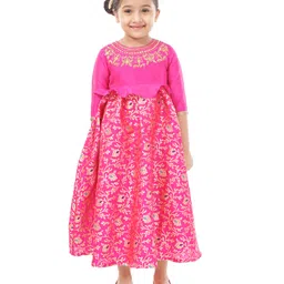 Babyhug Three Fourth Sleeves Long Dress Floral Embroidery - Pink-picture-13