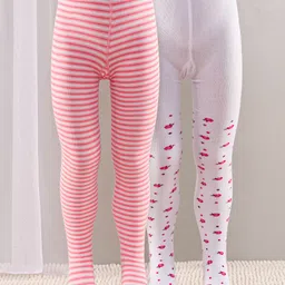 Cute Walk by Babyhug Full Length Anti-Bacterial Striped Tights Roses Design Pack of 2 - Pink White-picture-10