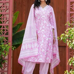 RANI PRINTS Women Floral Printed Regular Aari Work Pure Cotton Kurta with Trousers & With Dupatta image 5