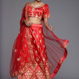 Suha Women Red Satin Embroidered Unstitched Lehenga Choli-picture-4